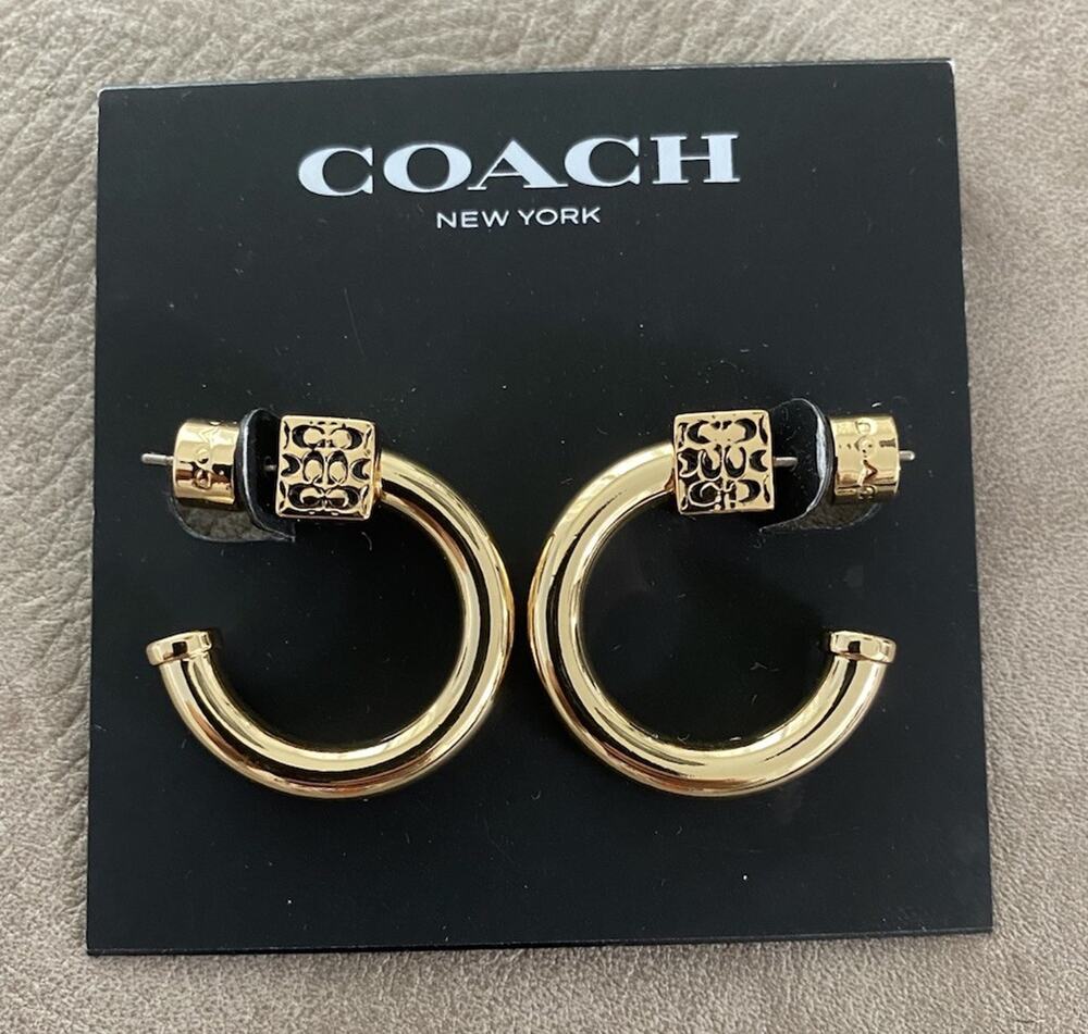 COACH Gold Signature Quilted Cube Chubby Hoop Earrings NWT